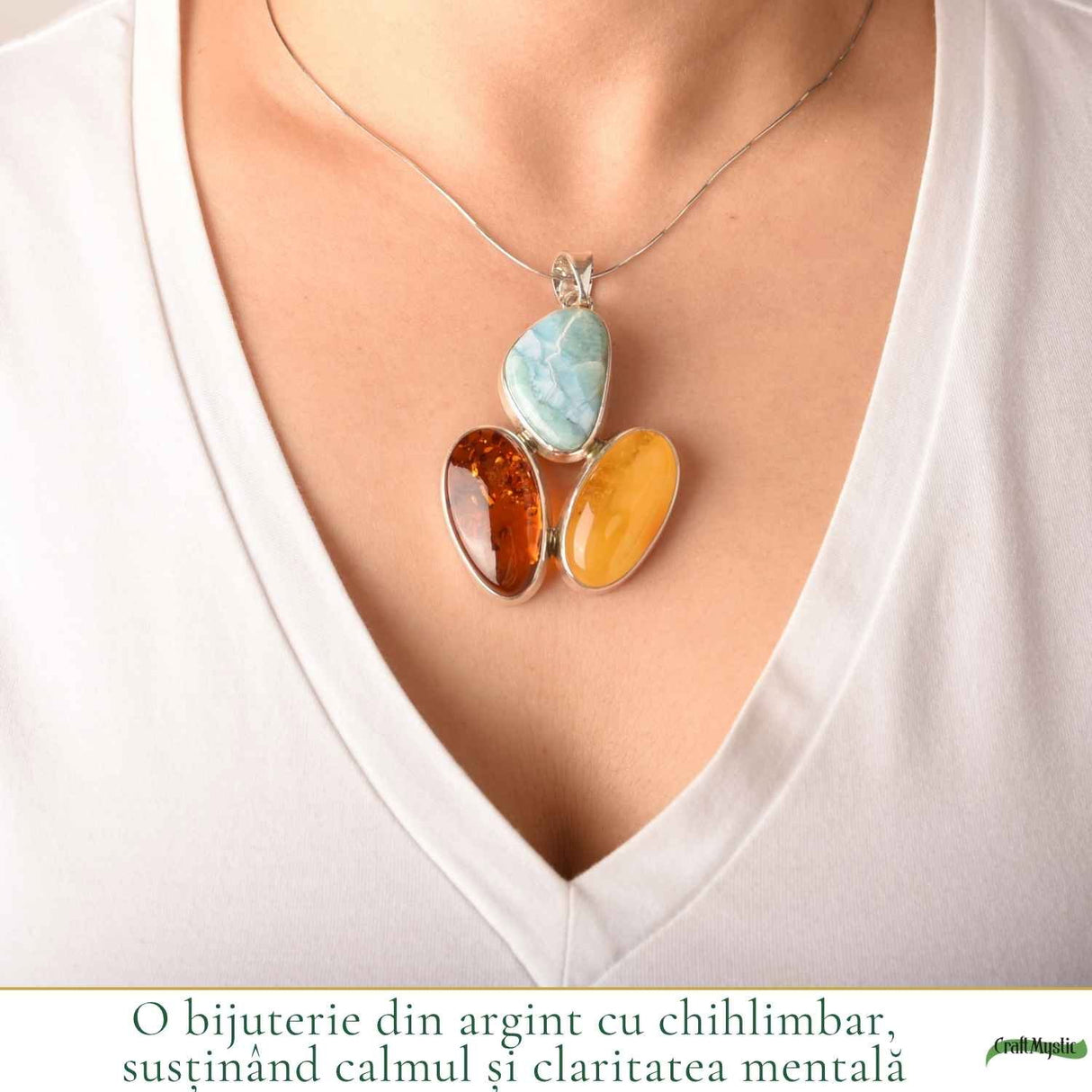 Colier Argint 925 Oval cu Chihlimbar si Larimar – Calm si Echilibru Emotional