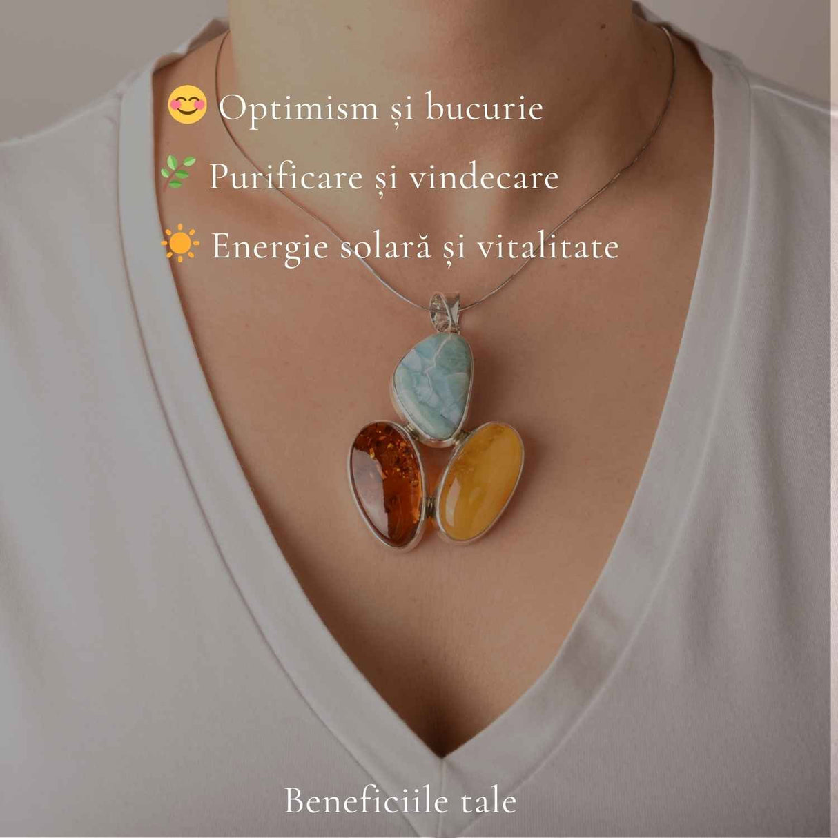 Colier Argint 925 Oval cu Chihlimbar si Larimar – Calm si Echilibru Emotional