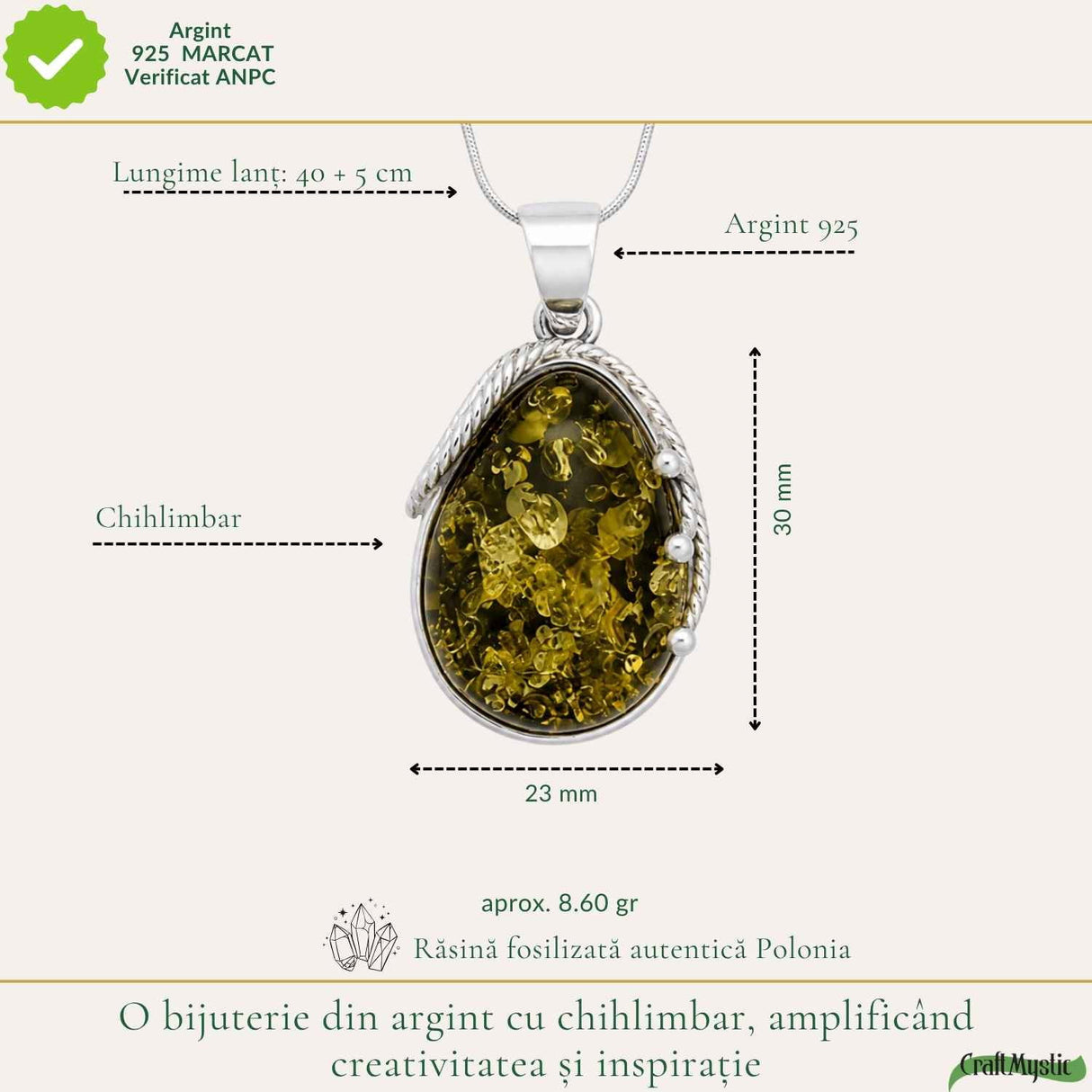 Colier Argint 925 Lacrima cu Chihlimbar Verde – Echilibru si Protectie