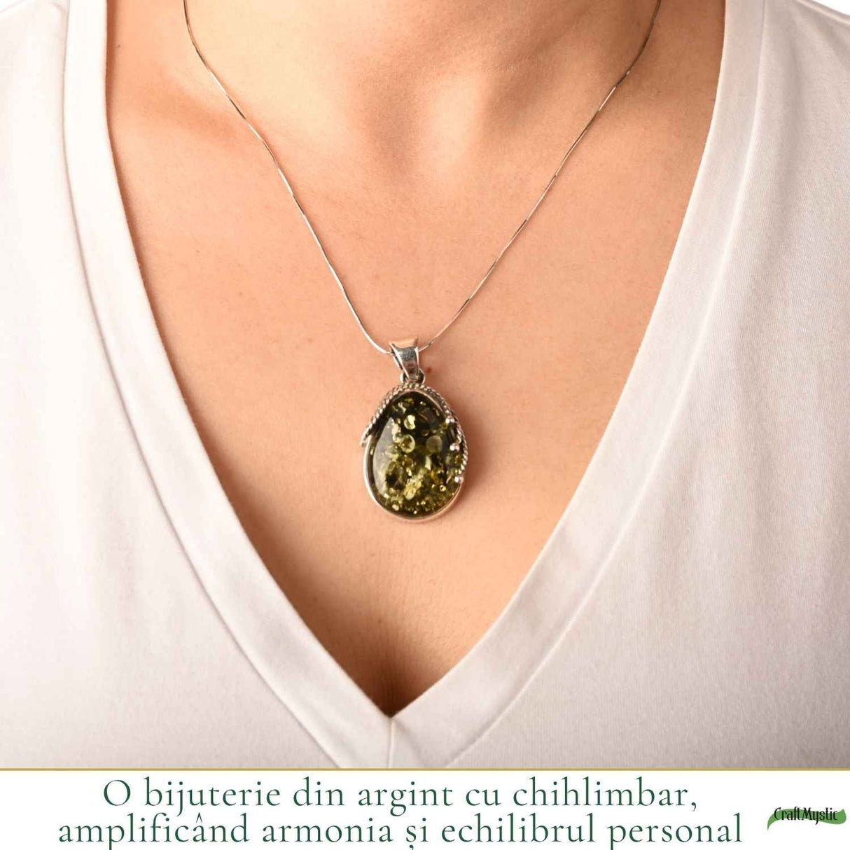 Colier Argint 925 Lacrima cu Chihlimbar Verde – Echilibru si Protectie