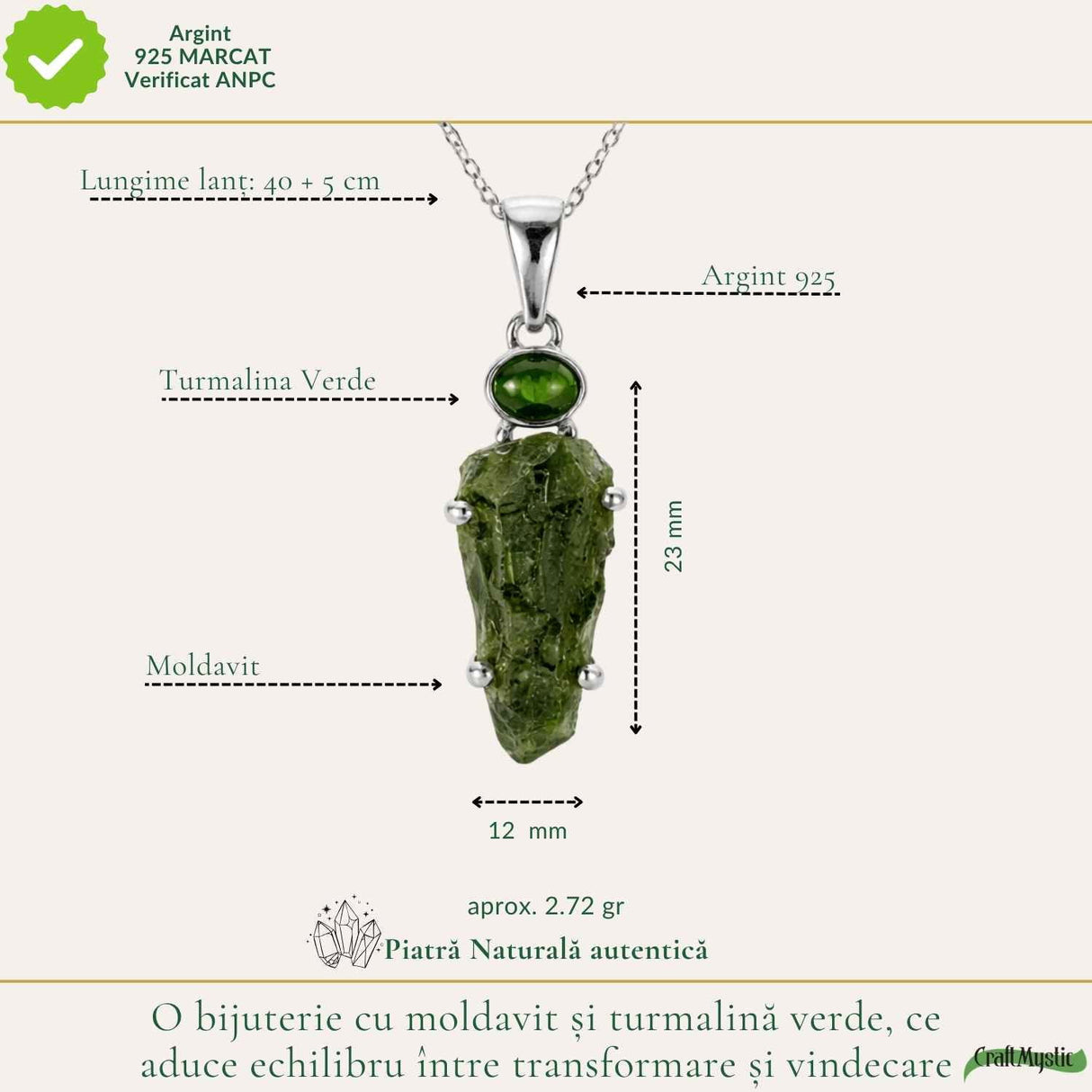 Colier argint 925 cu Moldavit si Turmalina Verde – Echilibru Emotional si Transformare