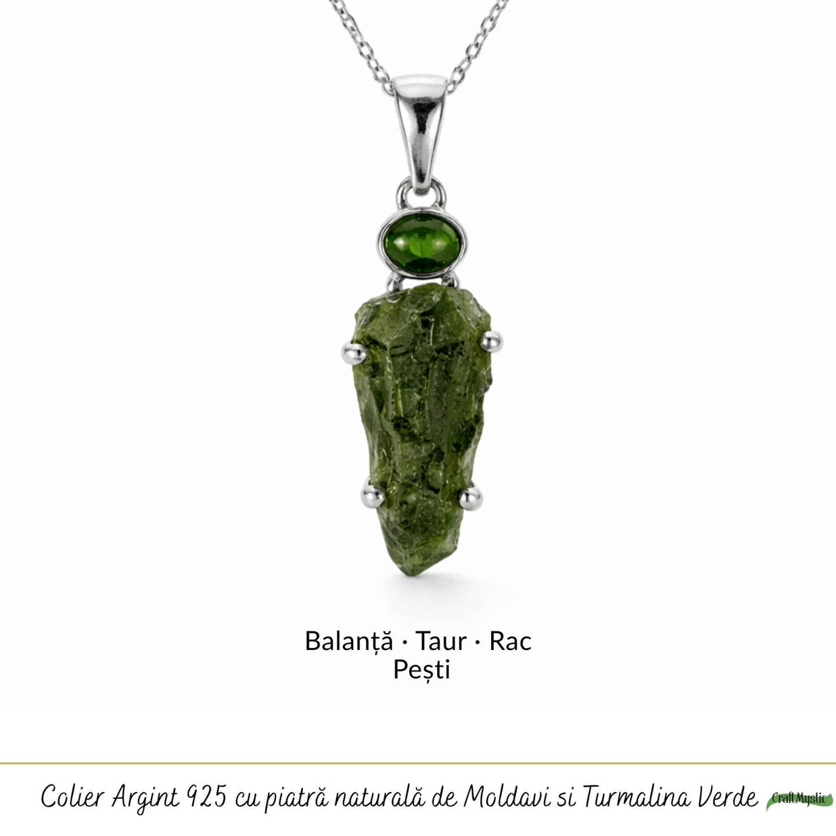 Colier argint 925 cu Moldavit si Turmalina Verde – Echilibru Emotional si Transformare