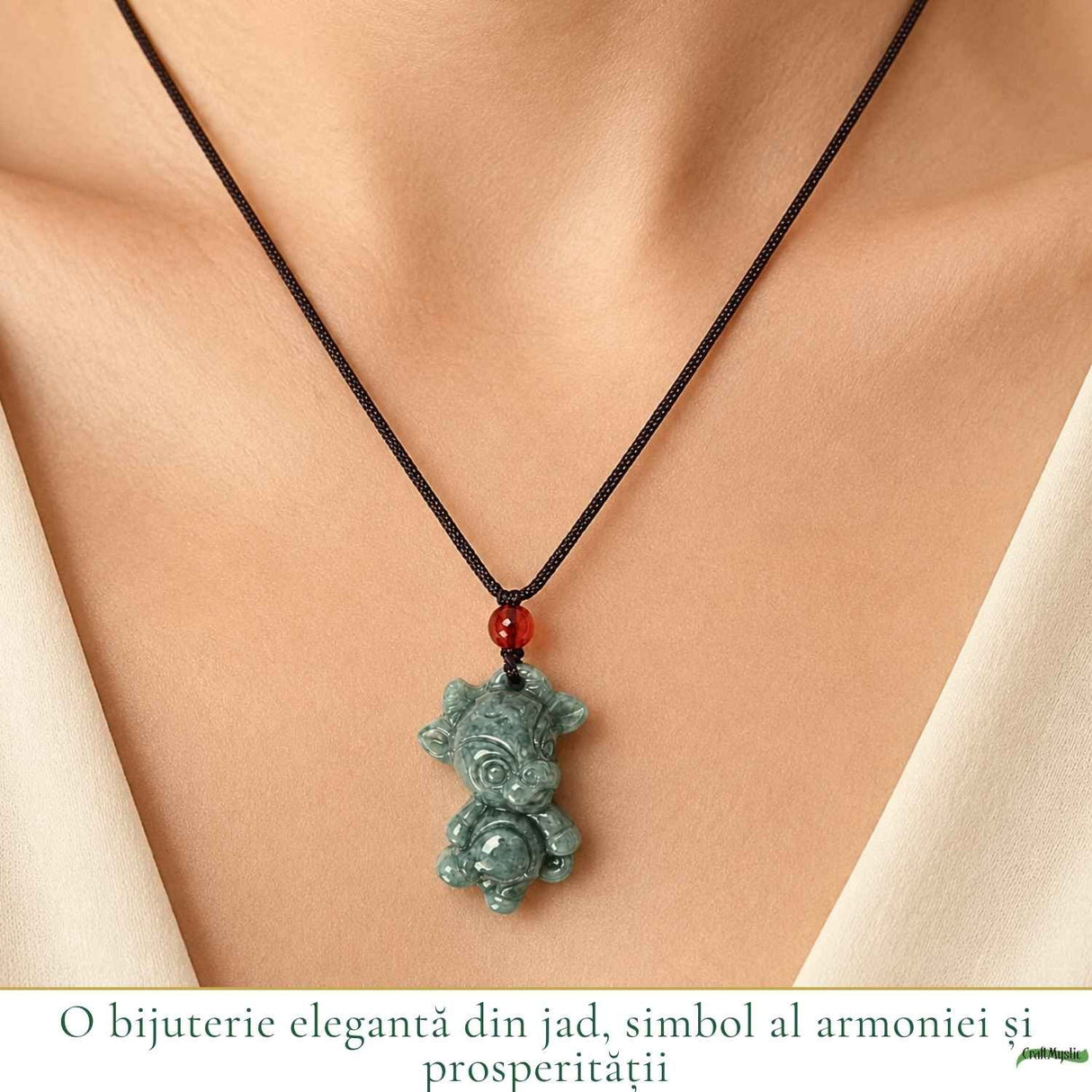 Colier cu Jad Natural in Forma de Vacuta – Armonie, Noroc si Echilibru