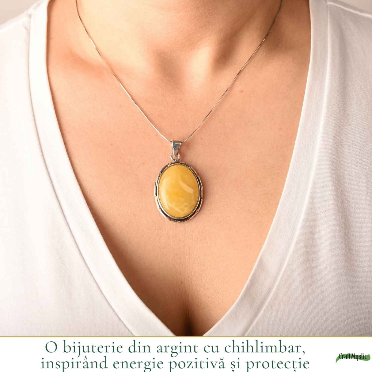 Colier Argint 925 Oval cu Chihlimbar Galben – Energie Pozitiva si Protectie