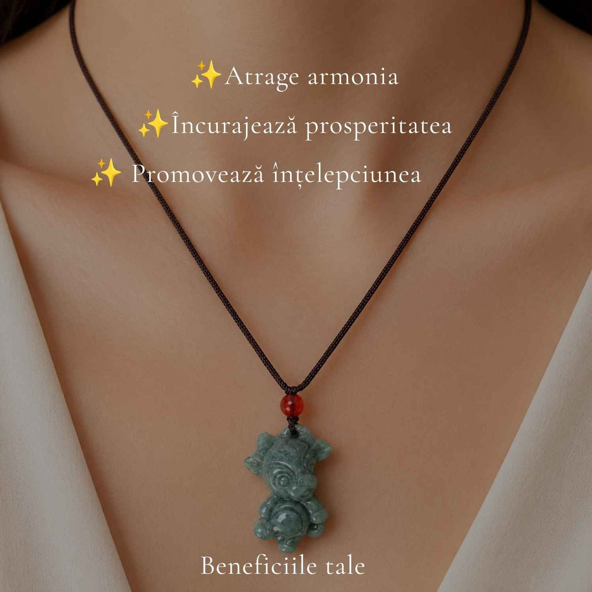 Colier cu Jad Natural in Forma de Vacuta – Armonie, Noroc si Echilibru