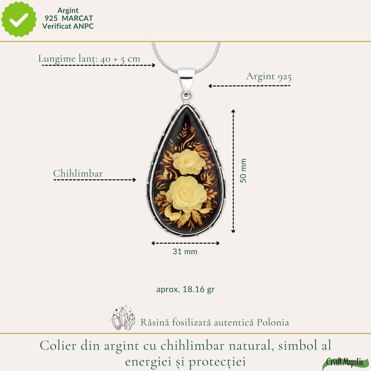 Colier Argint 925 cu Chihlimbar Verde Natural Lacrima cu Trandafiri – Echilibru si Eleganta