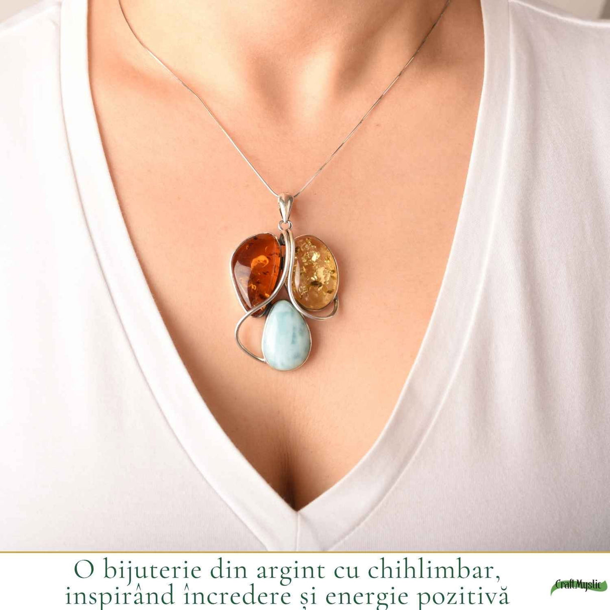 Colier Argint 925 cu Chihlimbar si Larimar – Echilibru si Energie Pozitiva
