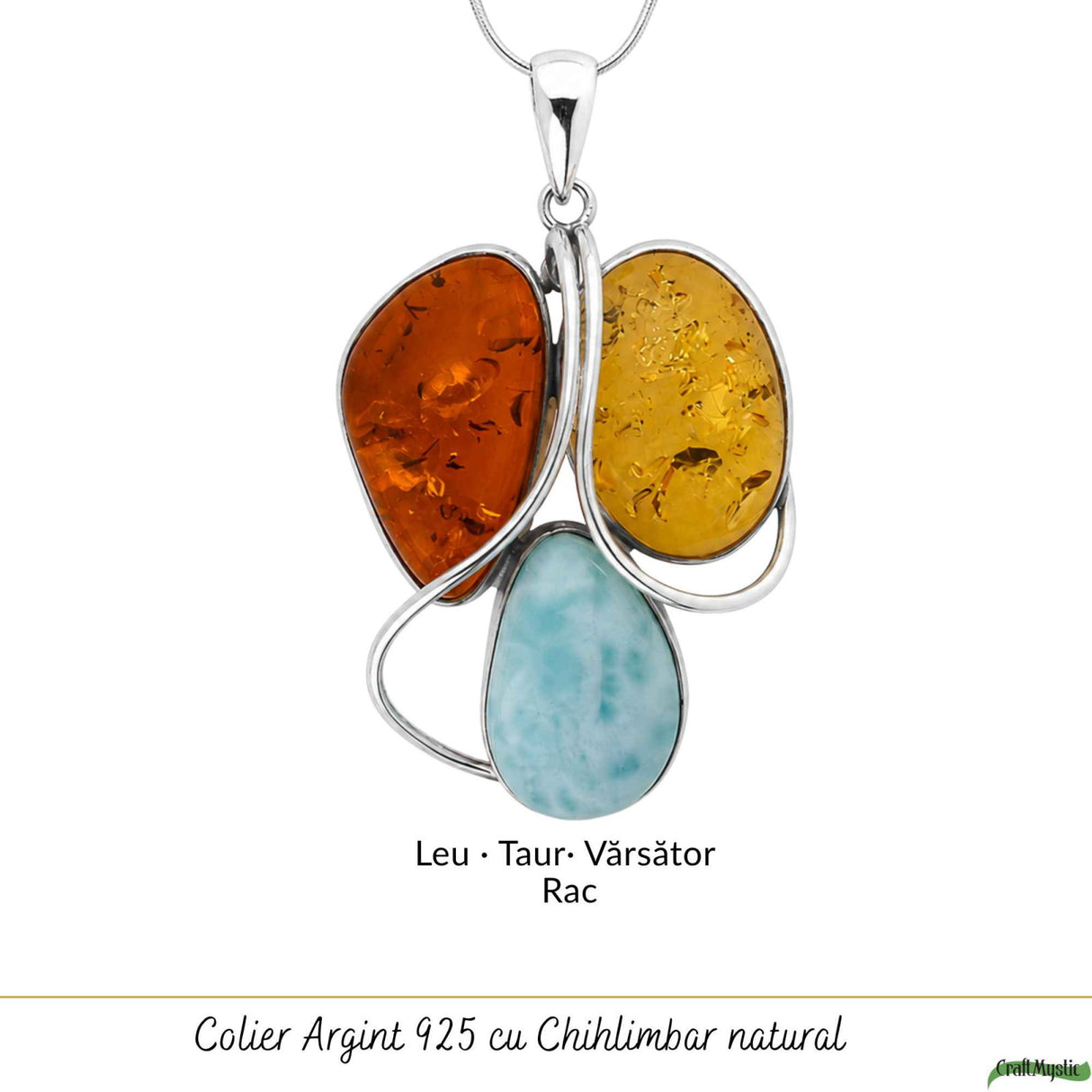 Colier Argint 925 cu Chihlimbar si Larimar – Echilibru si Energie Pozitiva