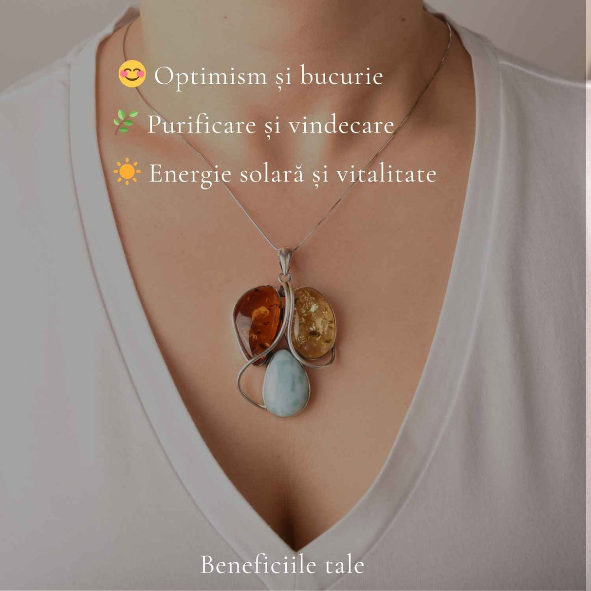Colier Argint 925 cu Chihlimbar si Larimar – Echilibru si Energie Pozitiva