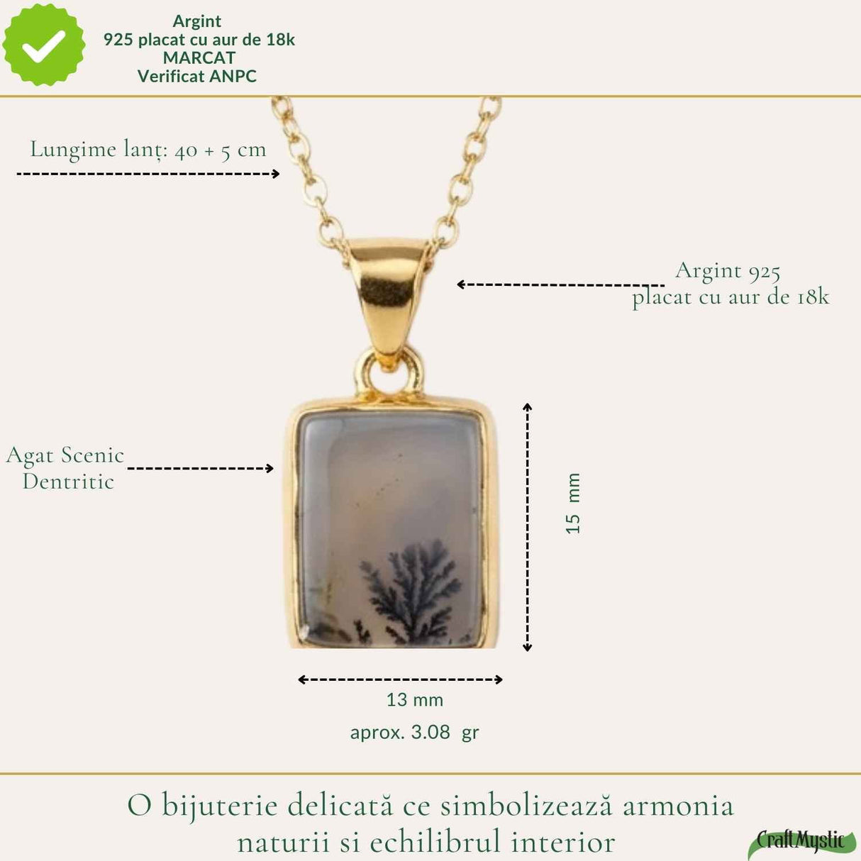 Colier Argint 925 Placat Aur 18K cu Agat Scenic Dendritic Dreptunghi – Echilibru si Claritate
