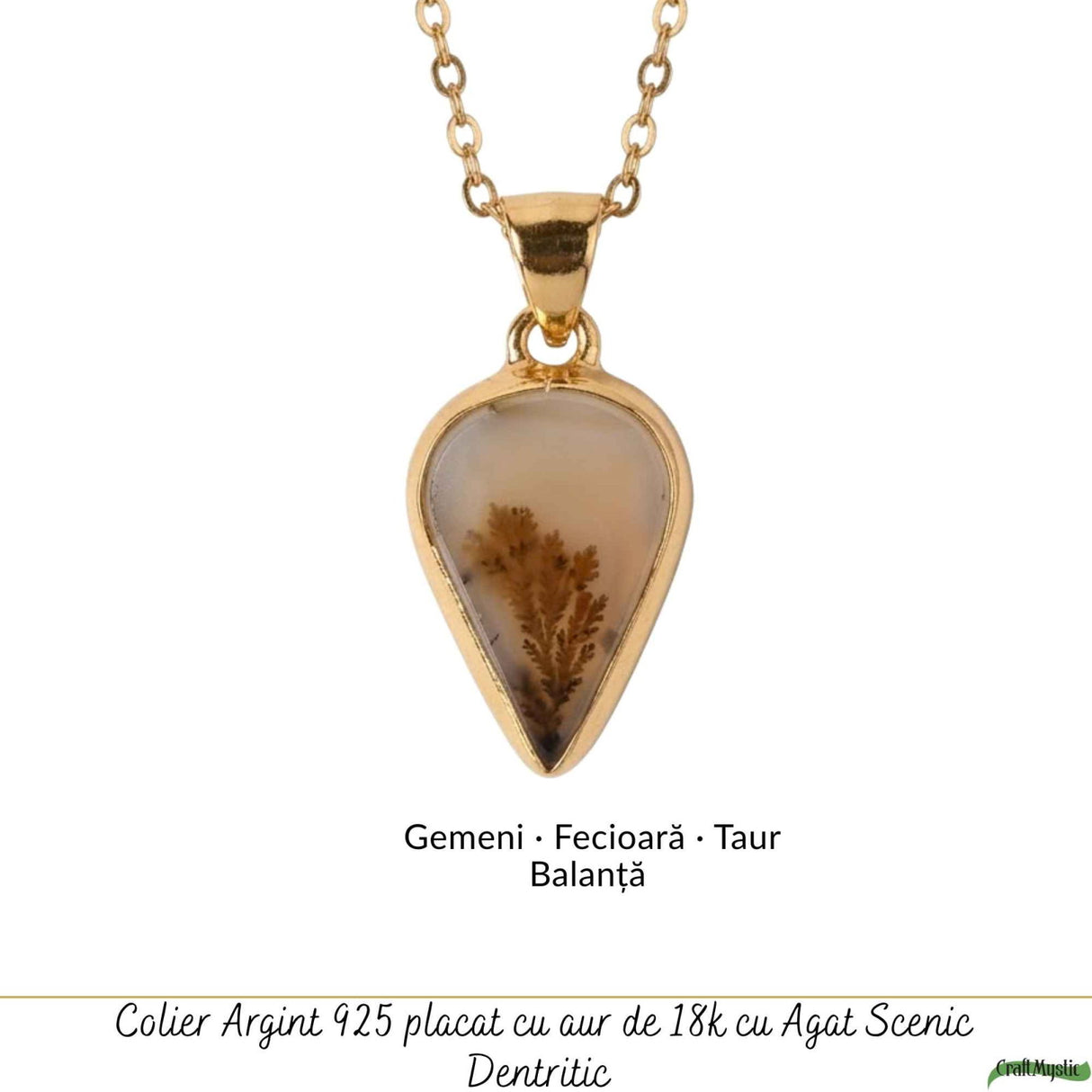 Colier Argint 925 Placat Aur 18K cu Agat Scenic Dendritic Lacrima – Echilibru si Claritate