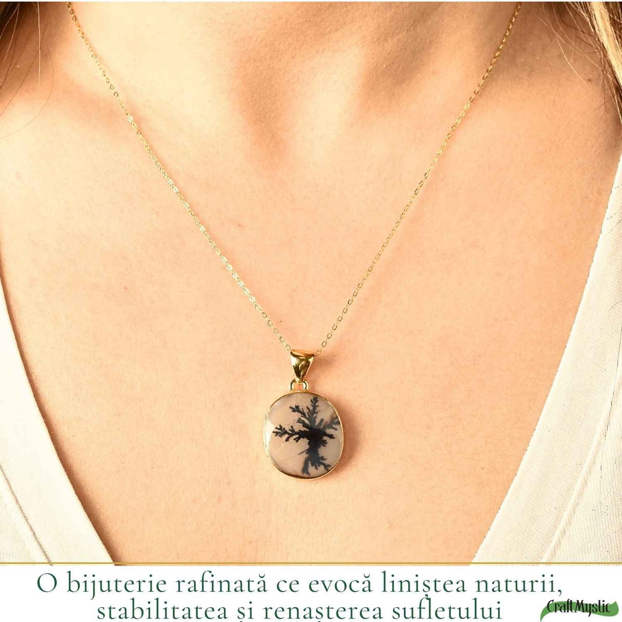 Colier Argint 925 Placat Aur 18K cu Agat Scenic Dendritic Oval – Echilibru si Claritate