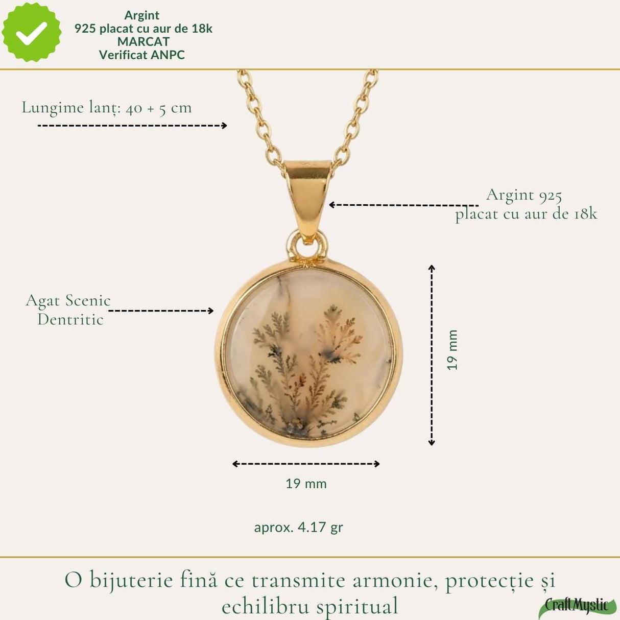 Colier Argint 925 Placat Aur 18K cu Agat Scenic Dendritic Rotund – Echilibru si Claritate