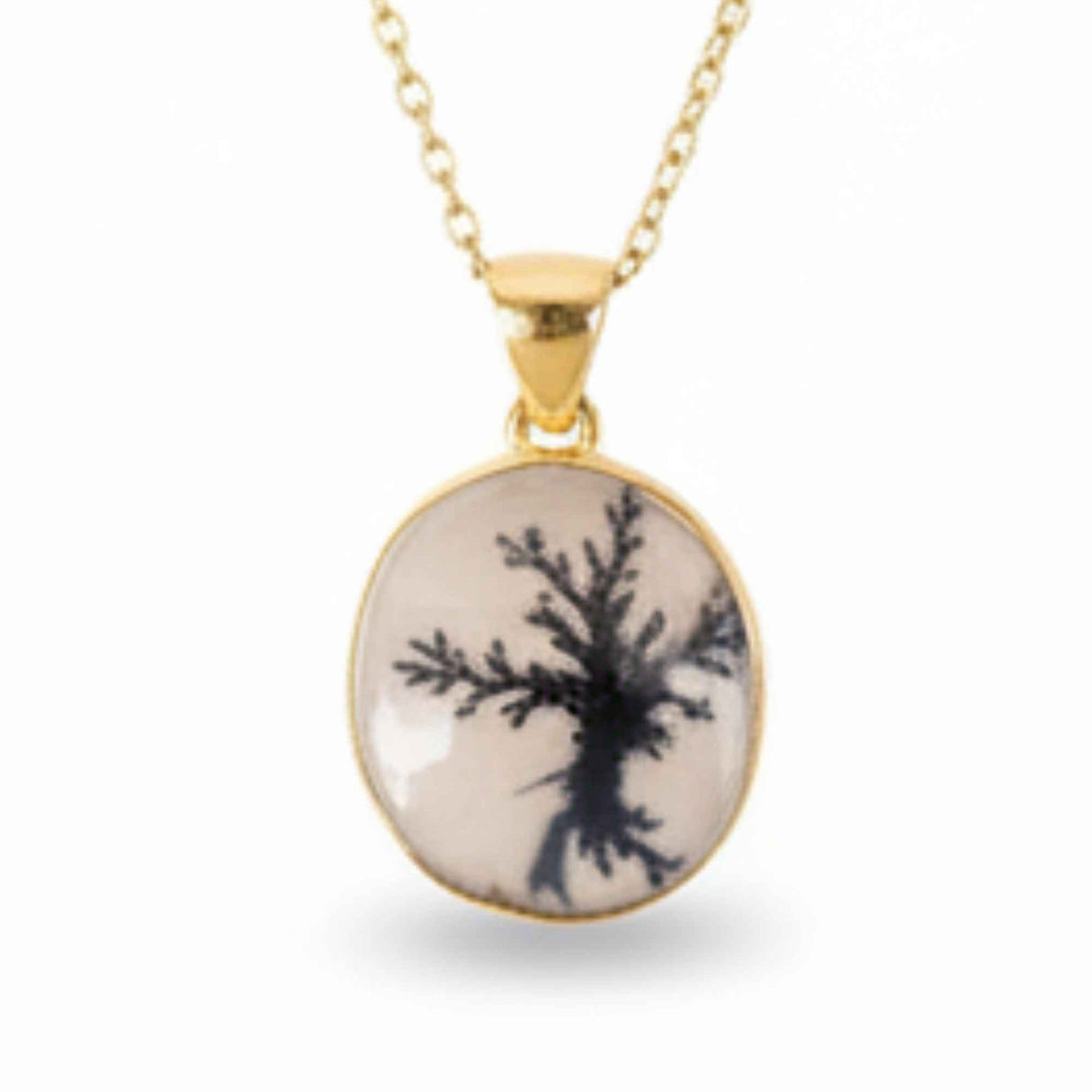 Colier Argint 925 Placat Aur 18K cu Agat Scenic Dendritic Oval – Echilibru si Claritate