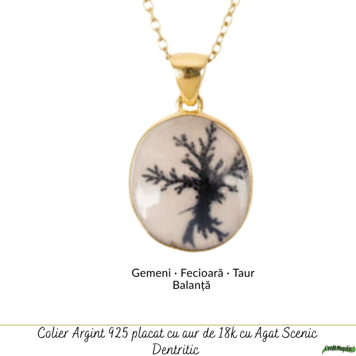 Colier Argint 925 Placat Aur 18K cu Agat Scenic Dendritic Rotund – Echilibru si Claritate