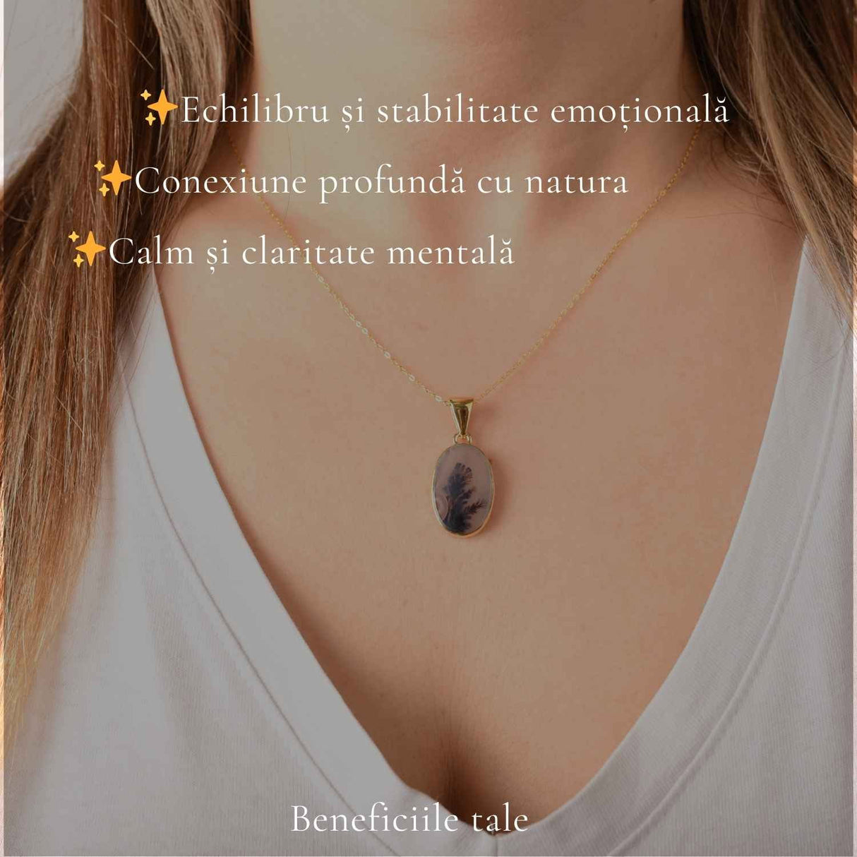 Colier Argint 925 Placat Aur 18K cu Agat Scenic Dendritic Oval – Echilibru si Claritate