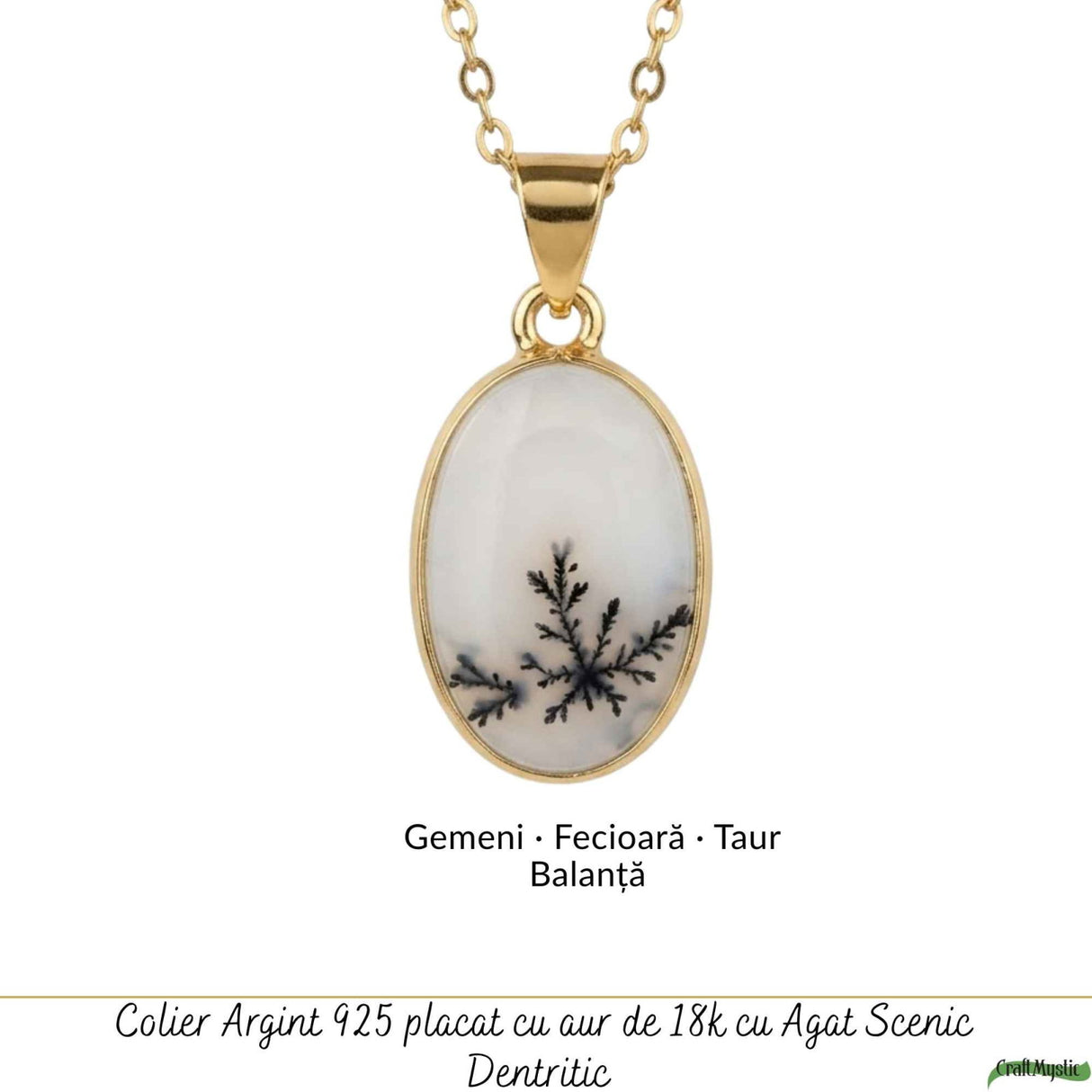 Colier Argint 925 Placat Aur 18K cu Agat Scenic Dendritic Oval – Echilibru si Claritate