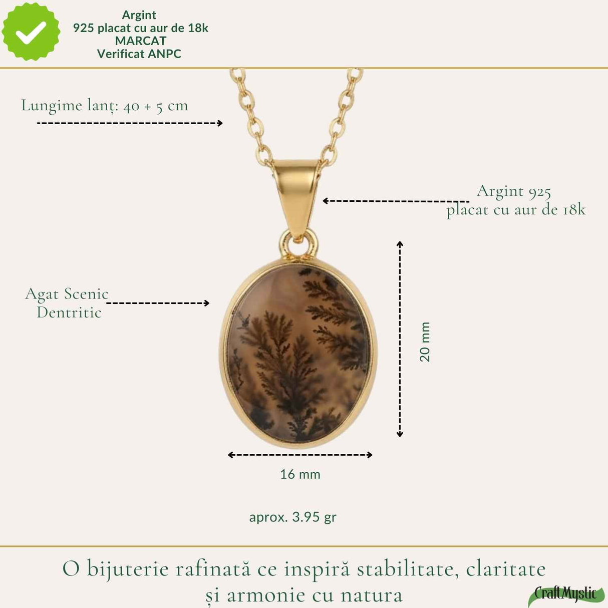 Colier Argint 925 Placat Aur 18K cu Agat Scenic Dendritic Oval – Echilibru si Claritate