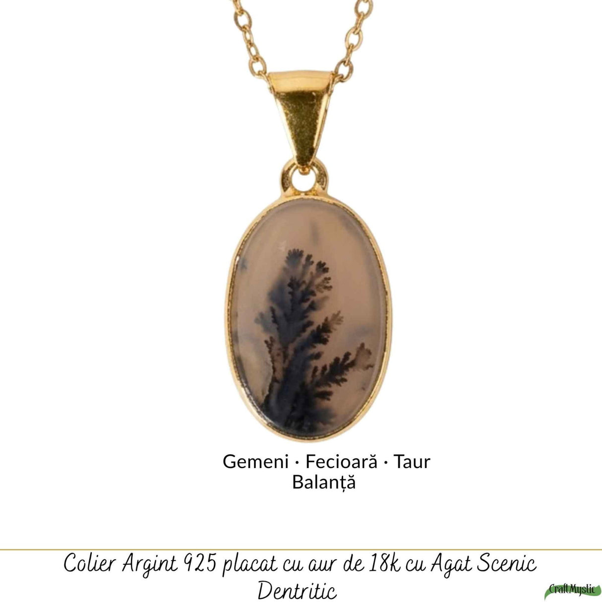 Colier Argint 925 Placat Aur 18K cu Agat Scenic Dendritic Oval – Echilibru si Claritate