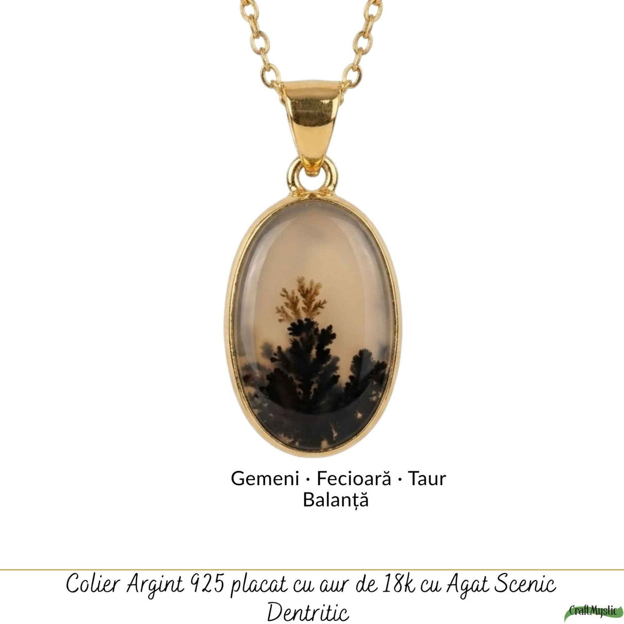 Colier Argint 925 Placat Aur 18K cu Agat Scenic Dendritic Oval – Echilibru si Claritate