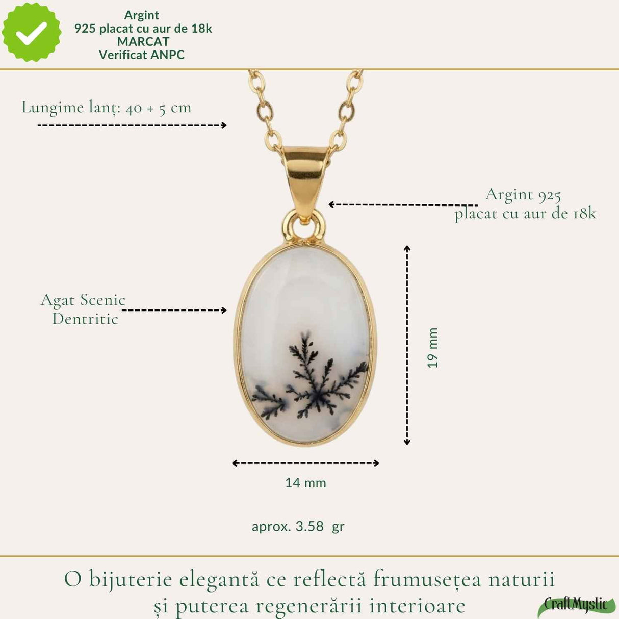Colier Argint 925 Placat Aur 18K cu Agat Scenic Dendritic Oval – Echilibru si Claritate