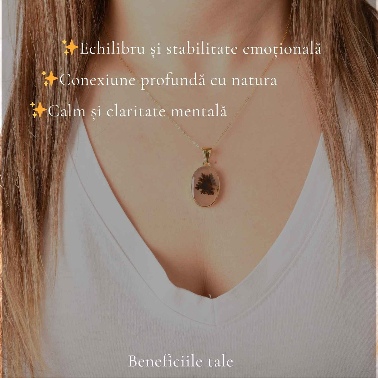 Colier Argint 925 Placat Aur 18K cu Agat Scenic Dendritic Oval – Echilibru si Claritate