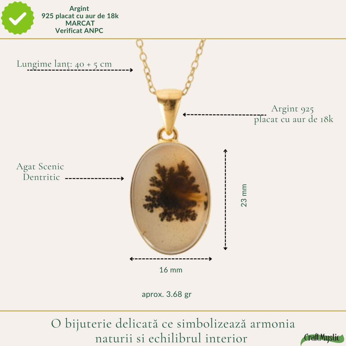 Colier Argint 925 Placat Aur 18K cu Agat Scenic Dendritic Oval – Echilibru si Claritate