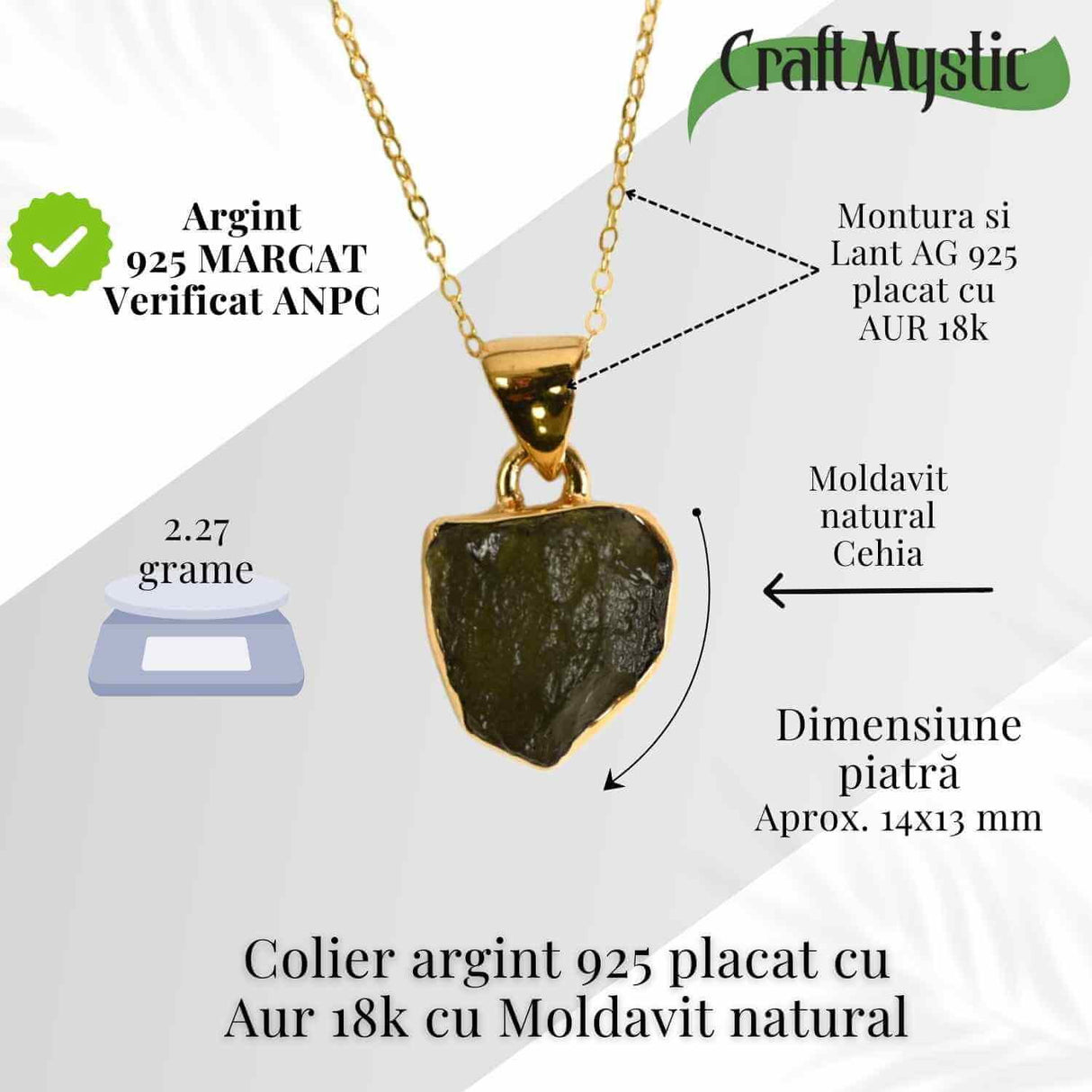 Colier argint 925 placat cu aur 18k cu Moldavit natural - 2.27 g | Transformare si protectie energetica