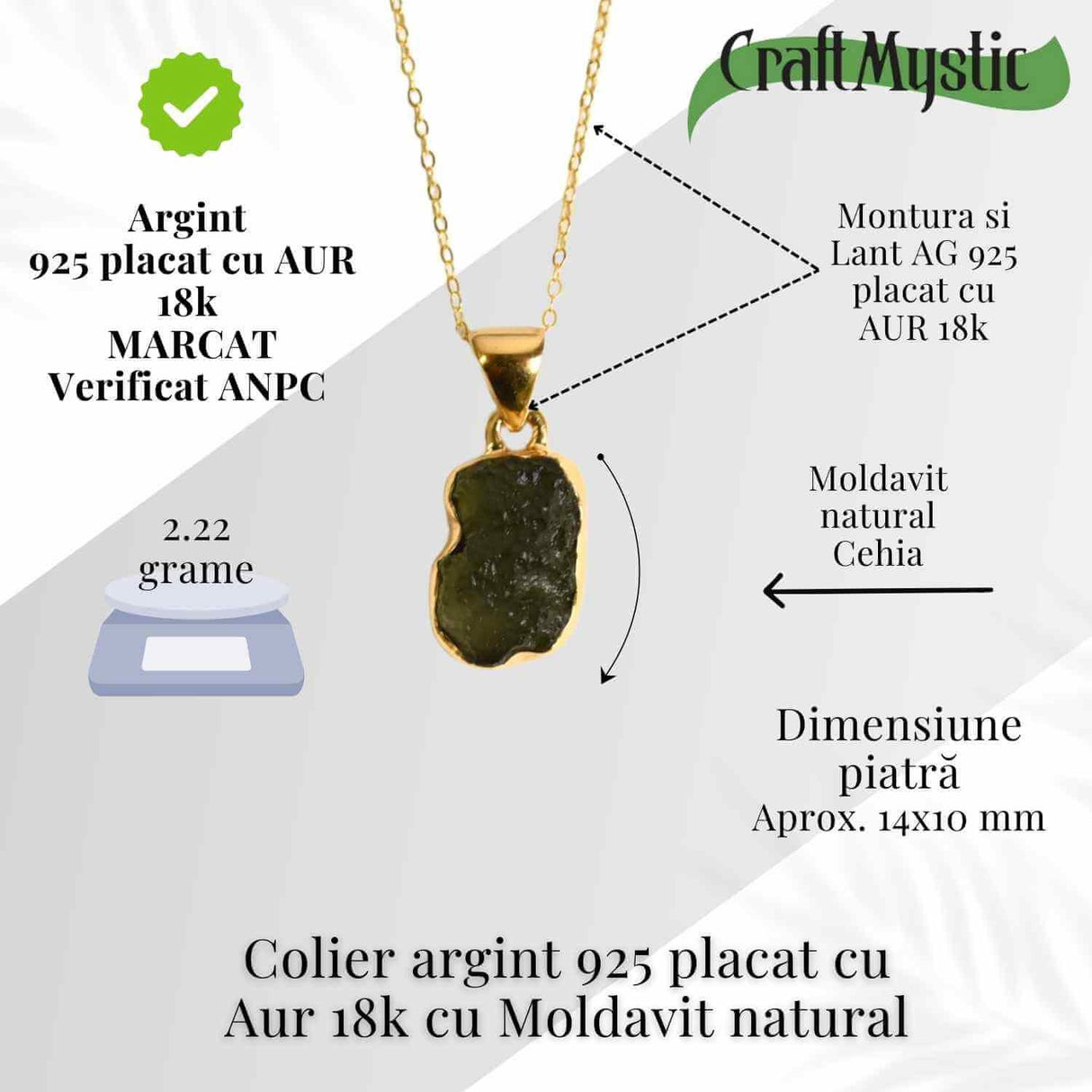 Colier argint 925 placat cu aur 18k cu Moldavit natural 2.22 g - accelerarea transformarii personale si spirituale