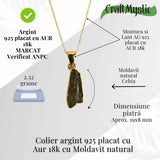 Colier Argint 925 placat cu Aur 18k cu Moldavit natural - Transformare spirituala - 2.32g