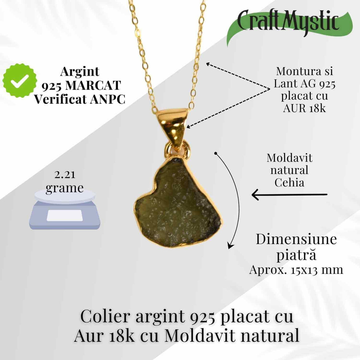 Colier argint 925 placat aur 18k cu Moldavit natural - 2.21 g
