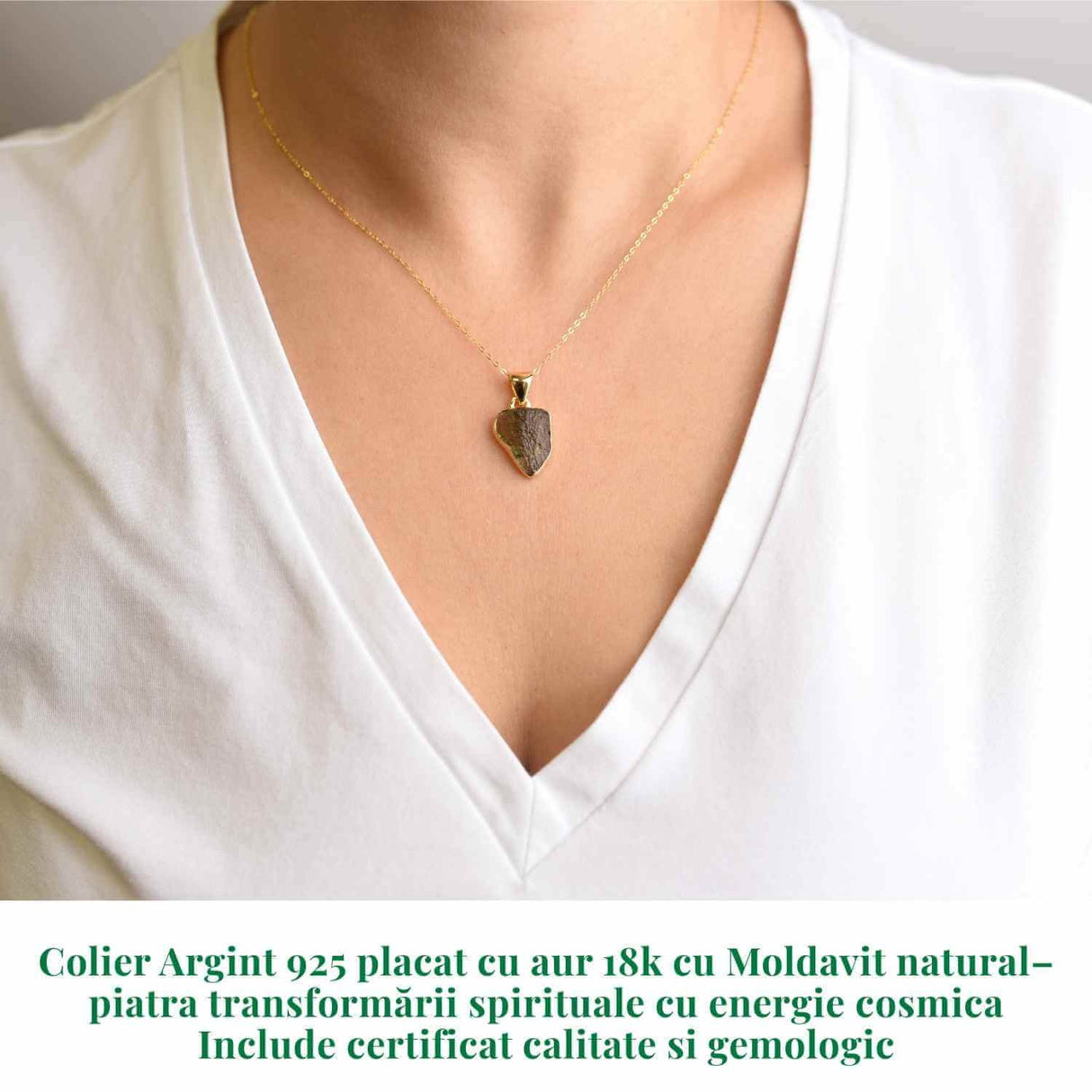 Colier Argint 925 placat cu aur 18k cu Moldavit natural brut 1.93 g - talisman de transformare