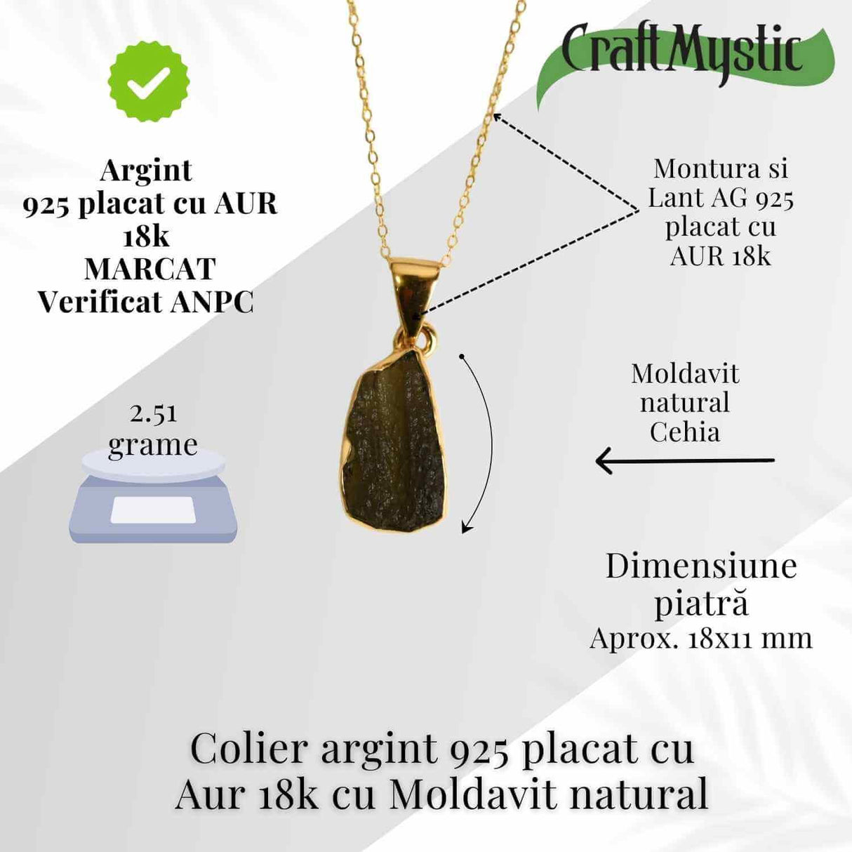 Colier Argint 925 placat aur 18k cu Moldavit natural brut 2.51 g - accelereaza transformarea personala