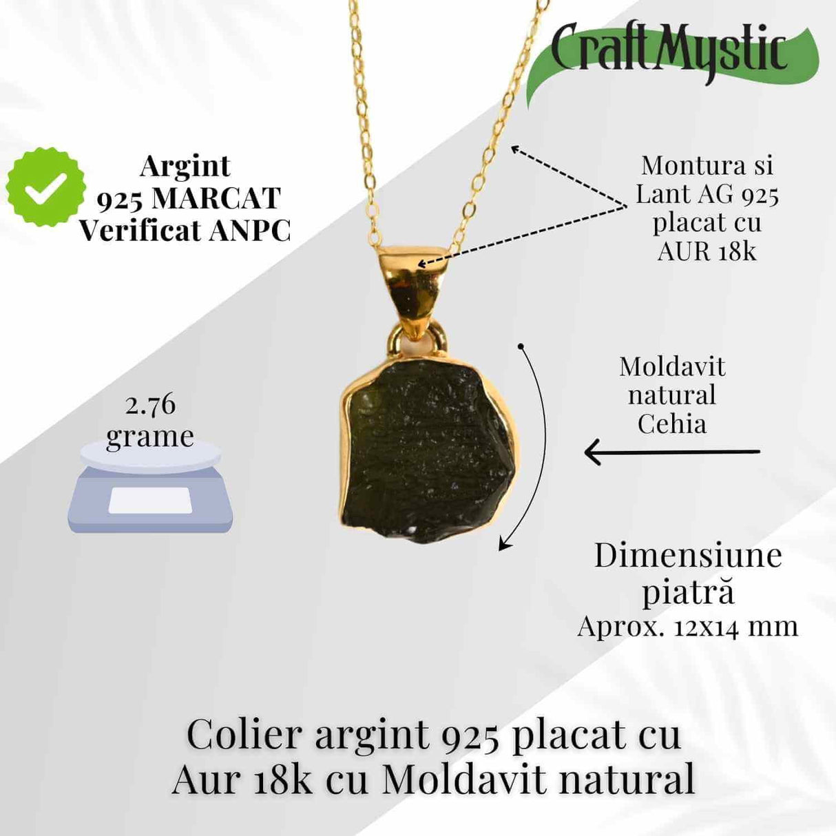 Colier Moldavit natural 2.76 grame - Transformare si energie cosmica - Argint 925 placat cu aur 18k