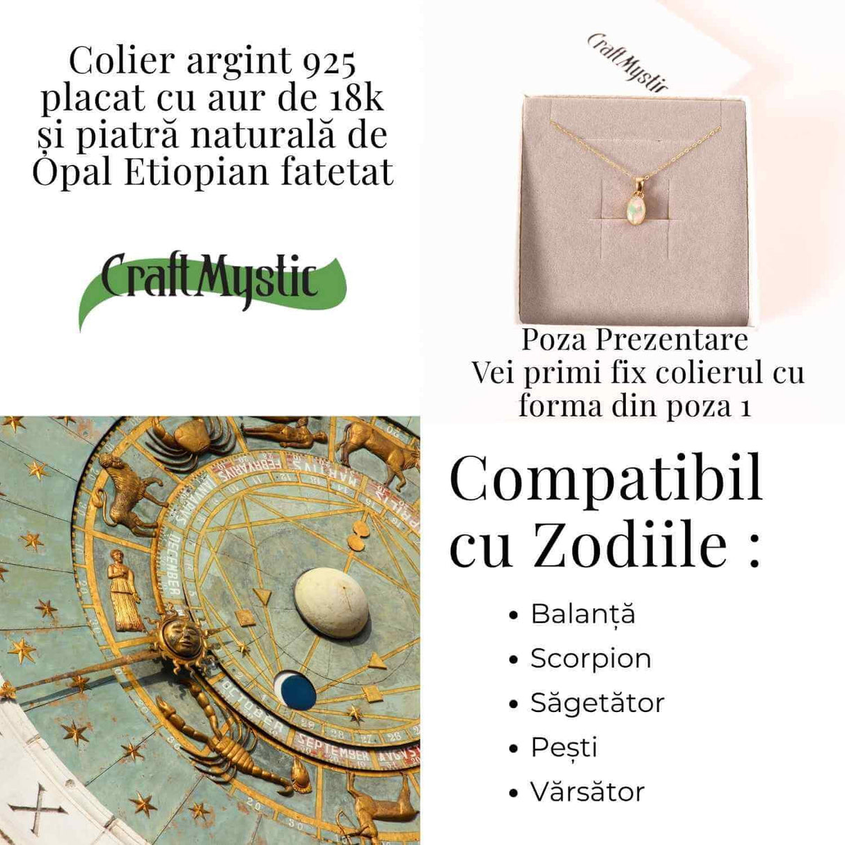 Colier Argint 925 placat cu aur 18K cu Opal Etiopian Fatetat in Forma de Diamant - Lumina, Intuitie si Feminin Sacru