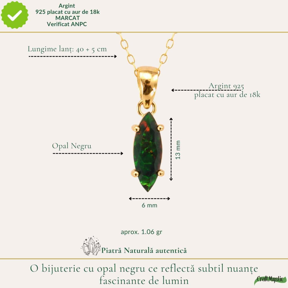 Colier Delicat din Argint 925 Placat cu Aur 18K cu Opal Negru – Eleganta si Protectie