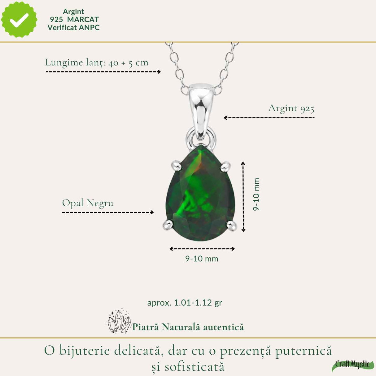 Colier Argint 925 cu Opal Negru Lacrima – Eleganta si Protectie Energetica
