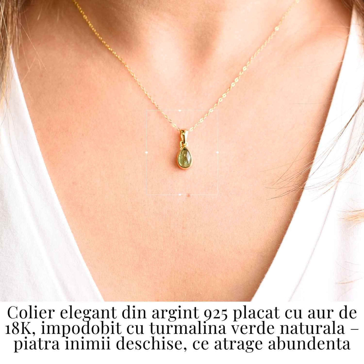 Colier Argint 925 Placat cu Aur 18K si Turmalina Verde Naturala in Forma de Lacrima - Vindecare, Armonie si Renastere