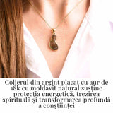 Colier cu lant de inox aurit si pandantiv montura argint 925, placat cu aur 18 k si Moldavit natural, 2.82 gr - Echilibru si trezire spirituala