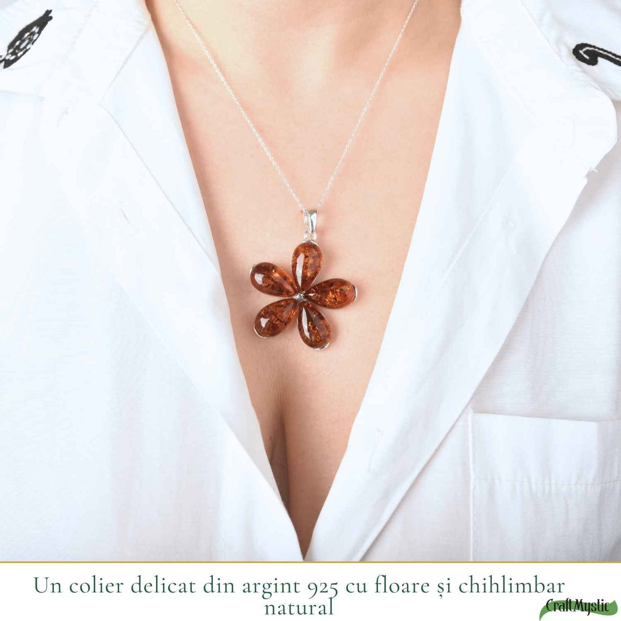 Colier Argint 925 cu Floare Mare din Chihlimbar Natural - Energie Calda si Protectie