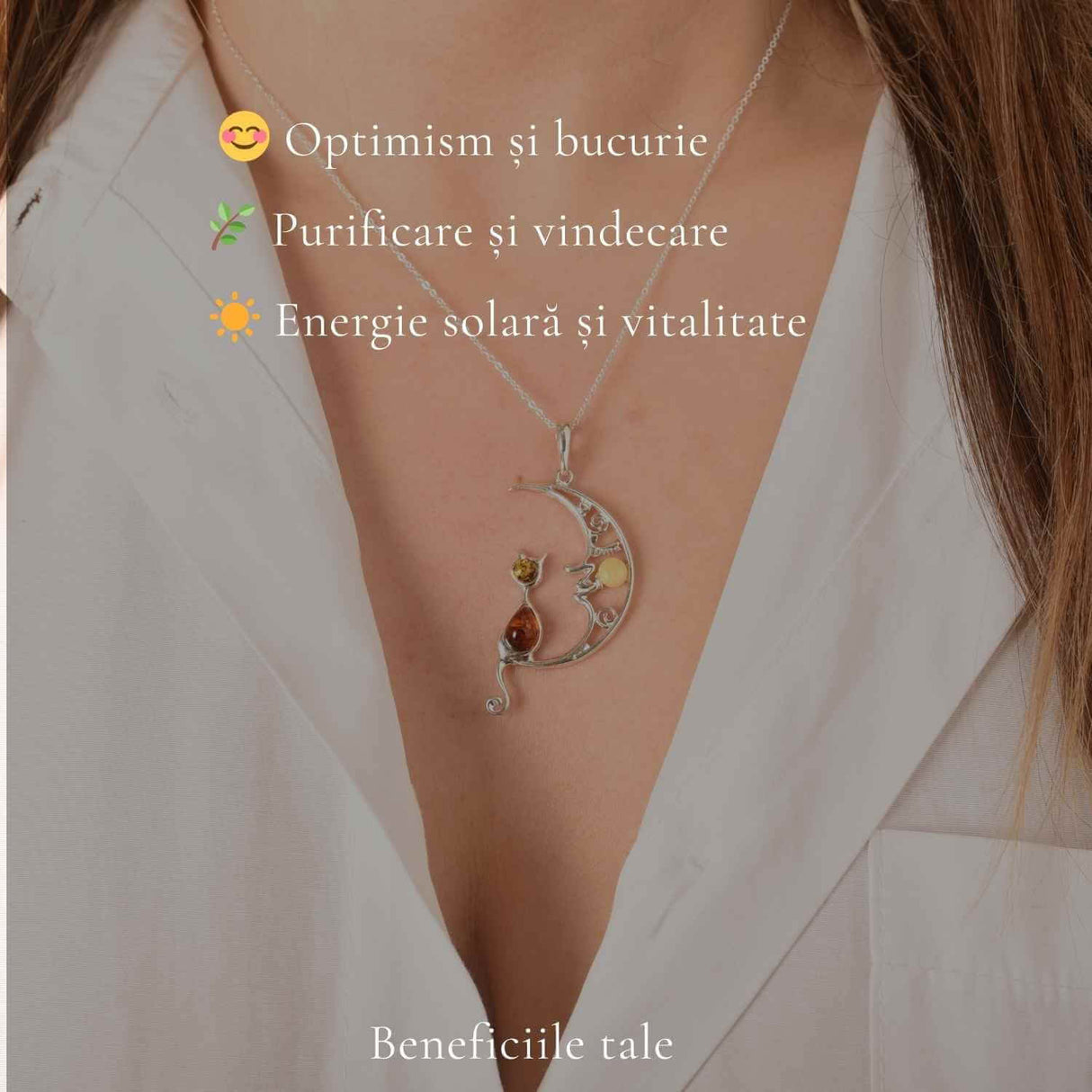 Colier Argint 925 Semiluna cu Pisica din Chihlimbar Natural - Protectie si Vitalitate