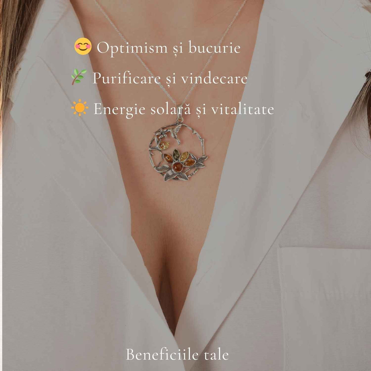 Colier Argint 925 Rotund cu Flori si Pasare din Chihlimbar Natural - Bucurie si Vitalitate