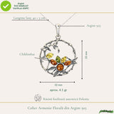 Colier Argint 925 Rotund cu Flori si Pasare din Chihlimbar Natural - Bucurie si Vitalitate