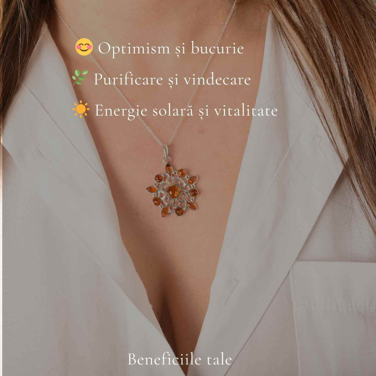 Colier Argint 925 Floare cu Chihlimbar Natural - Vitalitate si Feminitate