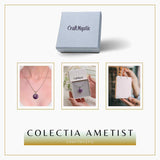 Colier Argintiu cu Ametist Forma Pi - Calm și Spiritualitate, Lungime Totala 50 cm, Diametru Pandantiv 20 mm