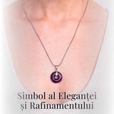 Colier Argintiu cu Ametist Forma Pi - Calm și Spiritualitate, Lungime Totala 50 cm, Diametru Pandantiv 20 mm