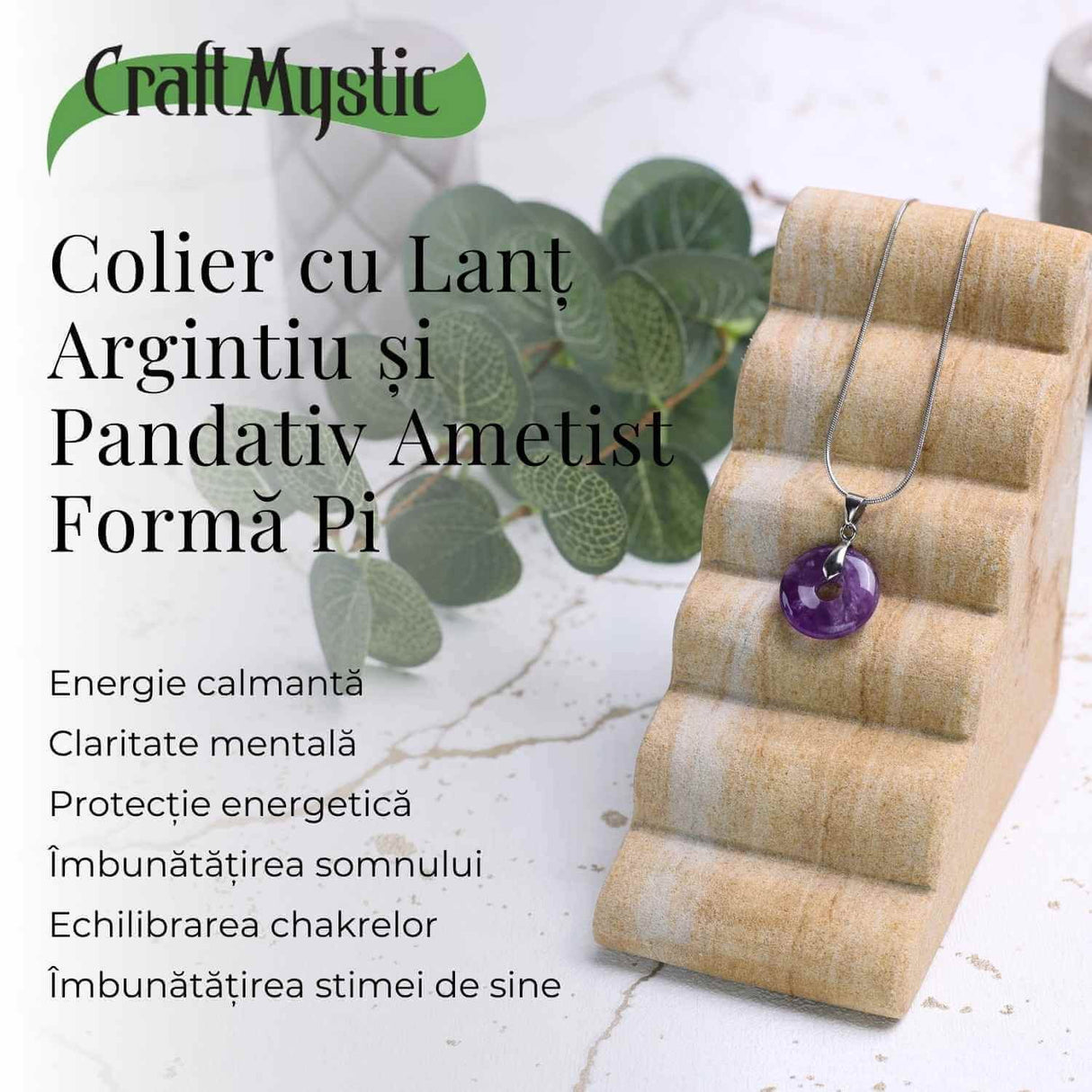 Colier Argintiu cu Ametist Forma Pi - Calm și Spiritualitate, Lungime Totala 50 cm, Diametru Pandantiv 20 mm
