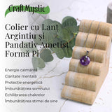 Colier Argintiu cu Ametist Forma Pi - Calm și Spiritualitate, Lungime Totala 50 cm, Diametru Pandantiv 20 mm