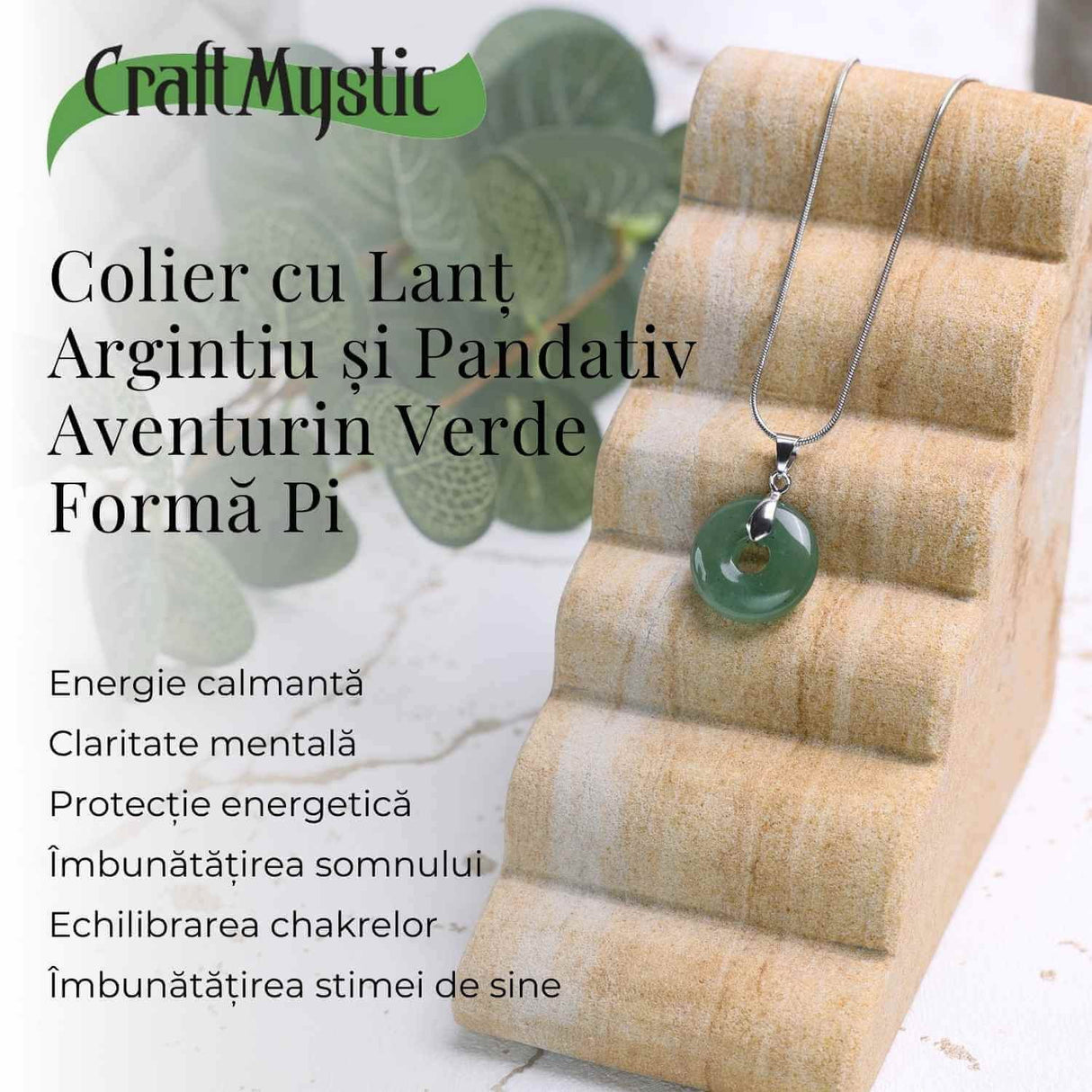 Colier Argintiu cu Aventurin Verde Forma Pi - Echilibru și Prosperitate, Lungime Totala 50 cm, Diametru Pandantiv 20 mm