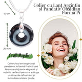 Colier Argintiu cu Obsidian Forma Pi - Protectie si Echilibru, Lungime Totala 50 cm, Diametru Pandantiv 20 mm